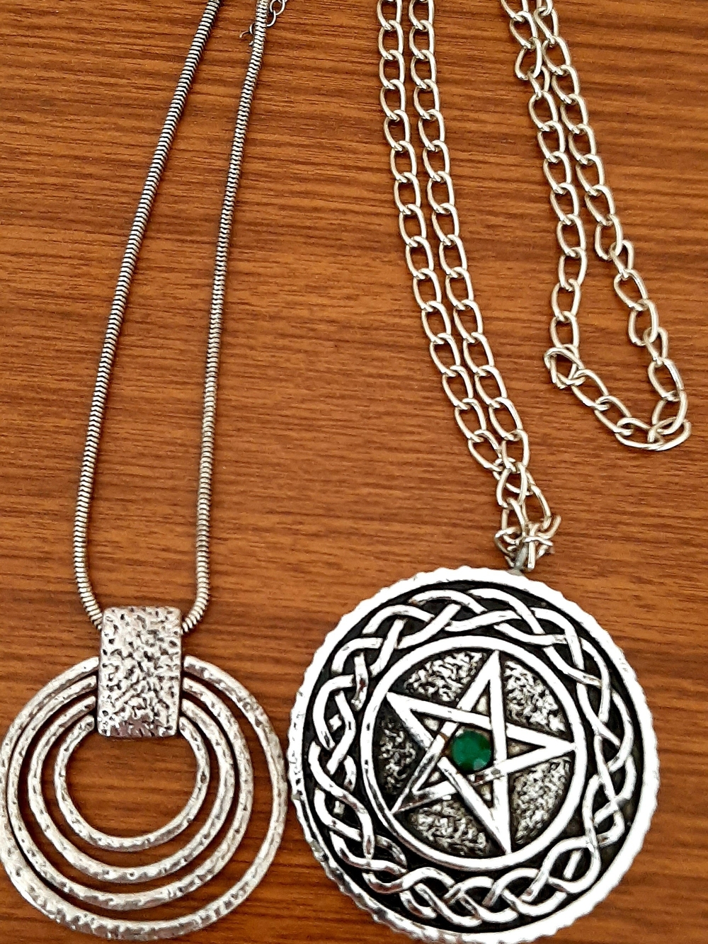 Silver-Tone Celtic Pentagram Pendant Necklace with Green Stone
